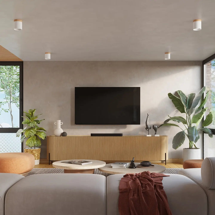 Plafonnier rif blanc en bois naturel avec design minimaliste et rainures verticales pour solutions déclairage modernes
