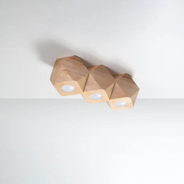 Luminaire plafonnier lampe woody trois dalles hexagonales en bois naturel avec ampoules encastrées style loft bois s’intégrera parfaitement
