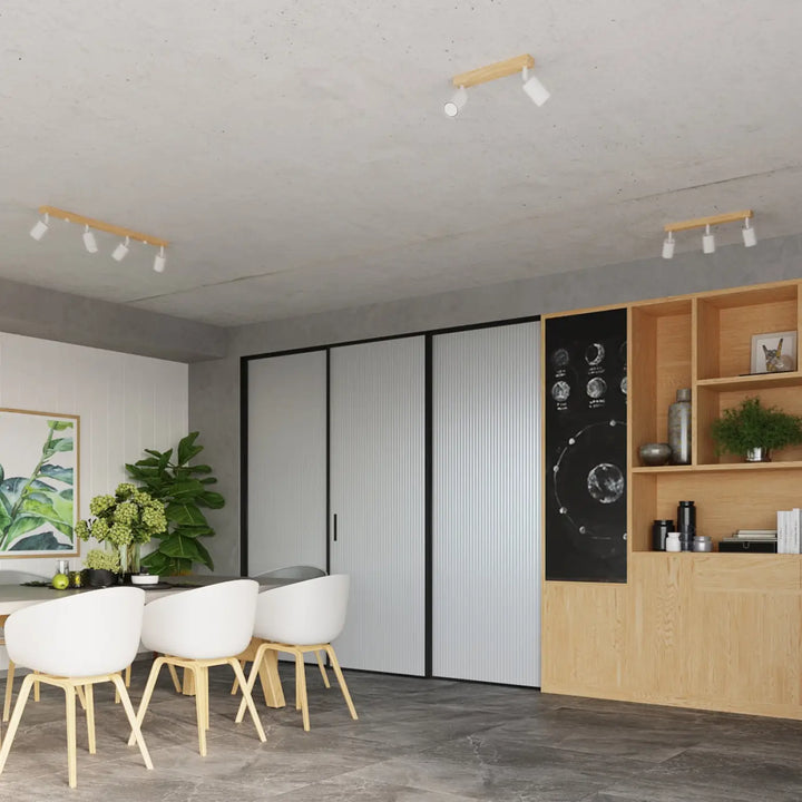 Plafonnier verdo 3l blanc en bois moderne avec têtes de lampe blanches monté sur plafond en béton design moderne