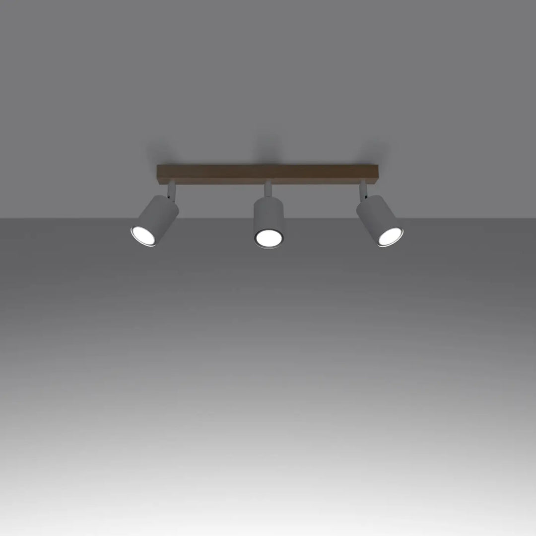 Plafonnier verdo 3l blanc avec barre en bois moderne et spots cylindriques gris mat design moderne