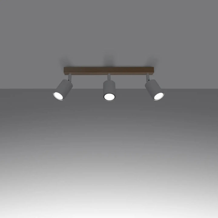 Plafonnier verdo 3l blanc avec barre en bois moderne et spots cylindriques gris mat design moderne