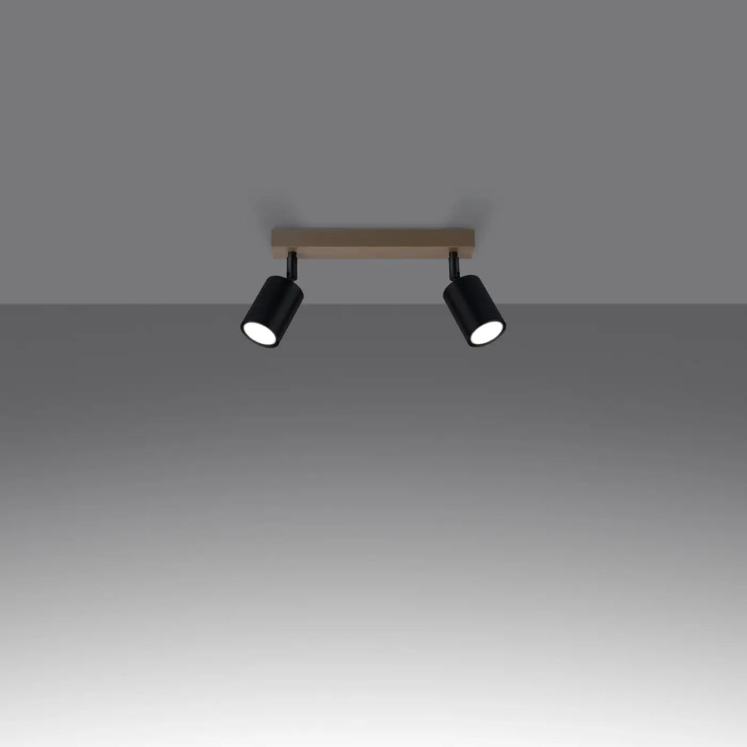 Plafonnier verdo design moderne avec spot noir cylindrique et barre de fixation en bois clair