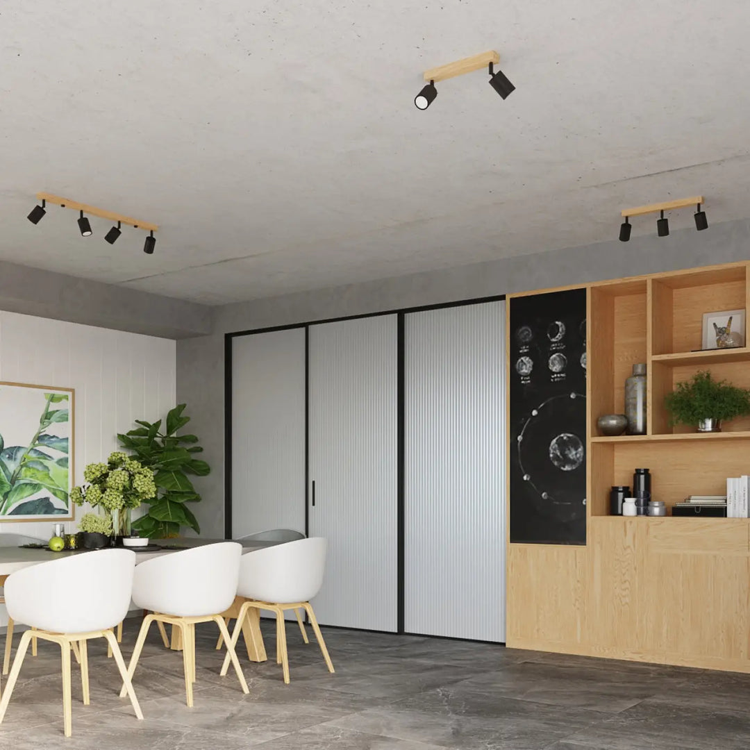 Plafonnier verdo 3l noir avec spots réglables en bois et métal pour un design moderne et élégant