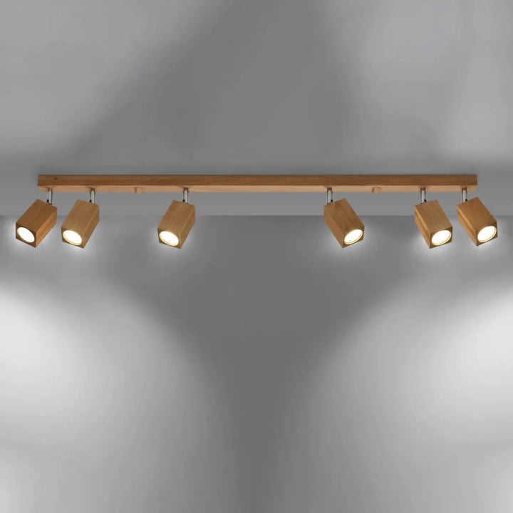 Luminaire plafonnier lampe keke en bois chêne avec cinq spots rectangulaires ton chaud style loft bois s’intégrera parfaitement
