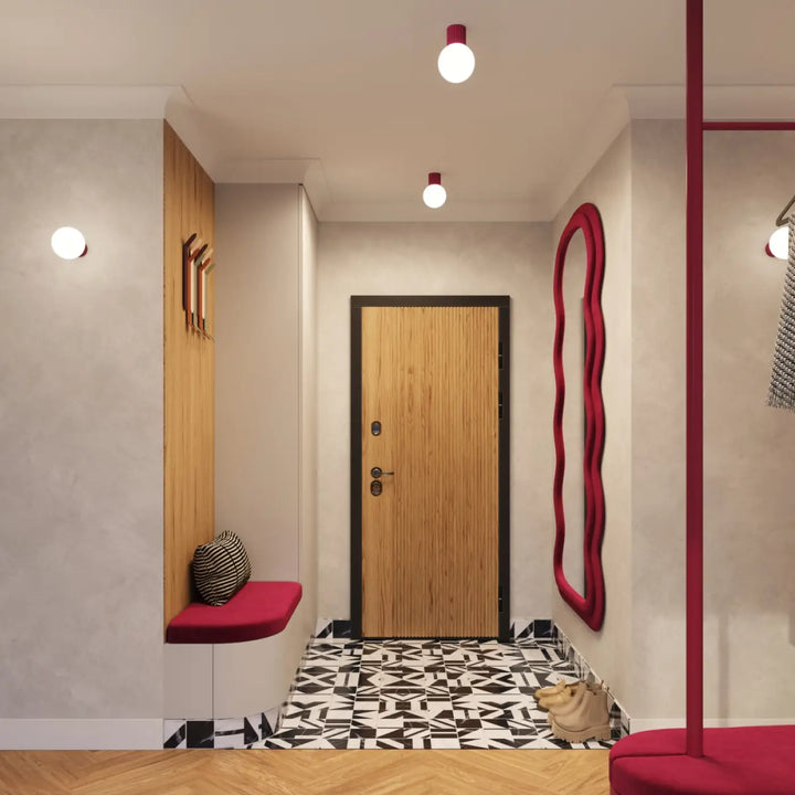 Miroir à cadre ondulé rouge luminaire plafonnier halo bordeaux avec sphère laiteuse pour bureau décorative lampe halo