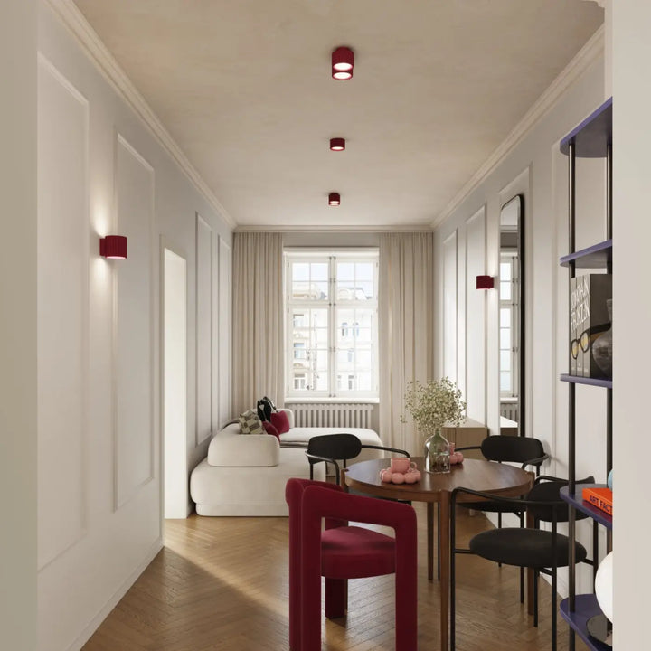 Luminaire plafonnier aura 1 bordeaux avec formes uniques inspirées design moderne et éclairage encastré cylindrique rouge