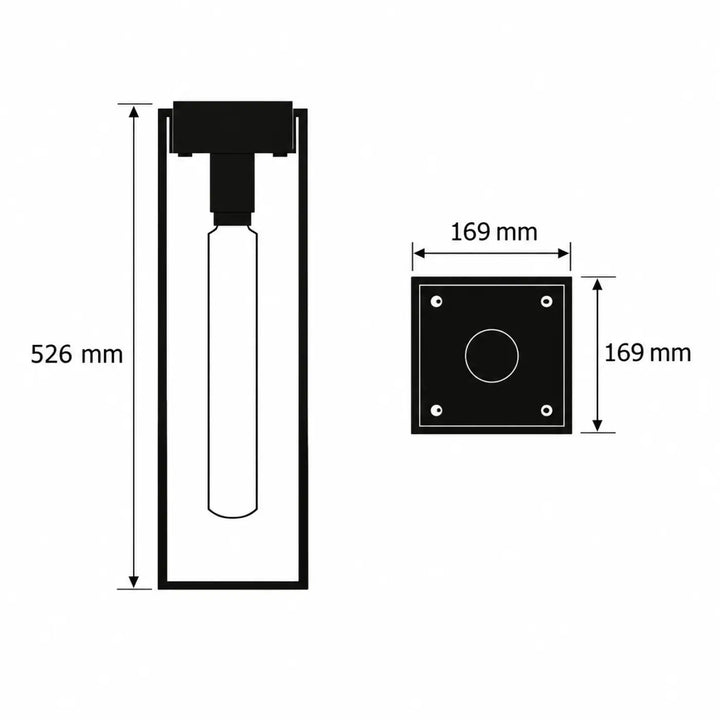 Plafonnier caged noir mat avec ampoule e27, abat-jour cylindrique en verre et base carrée, hauteur 526 mm
