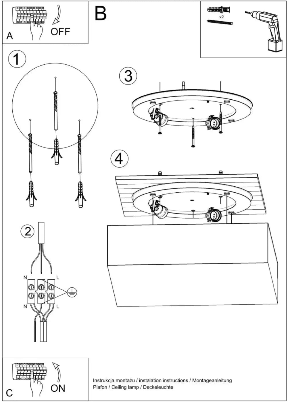 Diagramme dinstallation du plafonnier carré horus 55 blanc montrant composants de montage et connexions de câblage pour éclairage polyvalent à forme riche