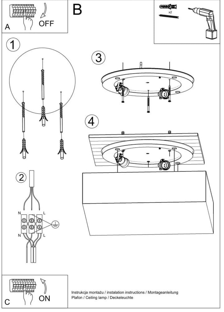 Diagramme d’installation du plafonnier carré horus 55 gris montrant câblage et matériel pour un éclairage polyvalent