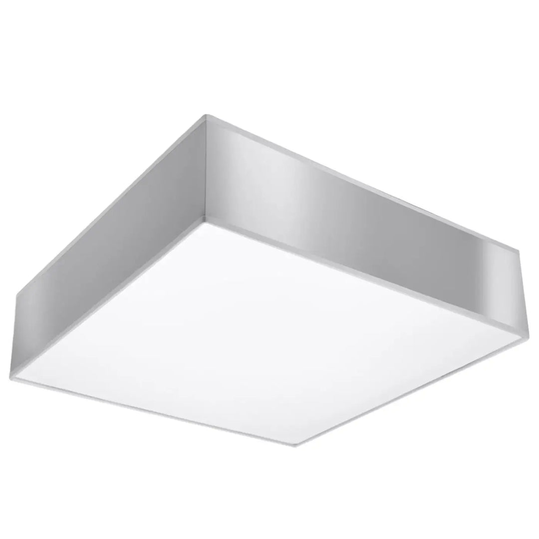 Plafonnier carré horus 35 gris avec cadre métallique argenté et panneau diffusant blanc pour éclairage polyvalent forme riche