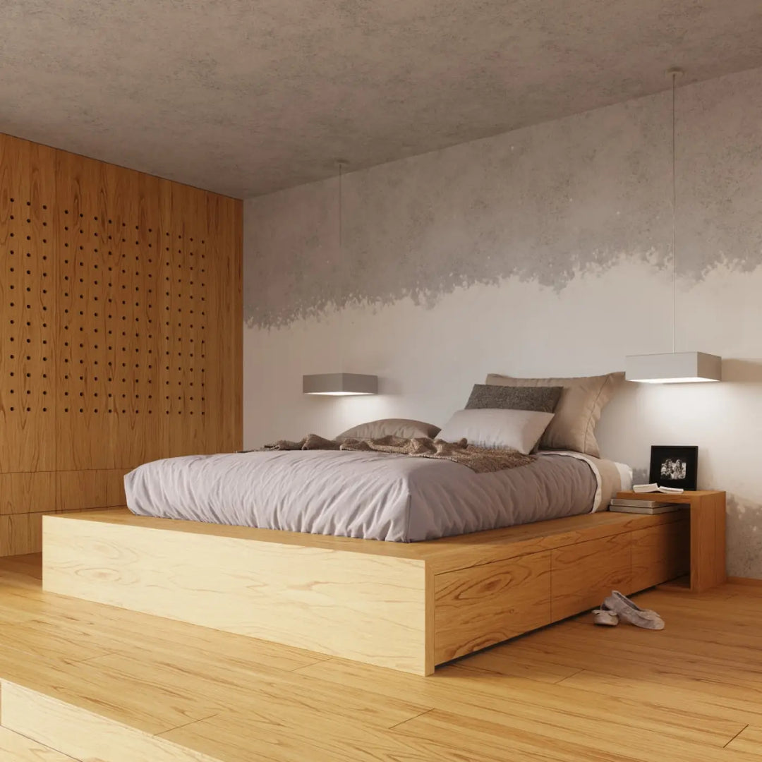 Luminaire plafonnier horus 35 gris avec forme riche et éclairage polyvalent sur plateforme bois clair minimaliste