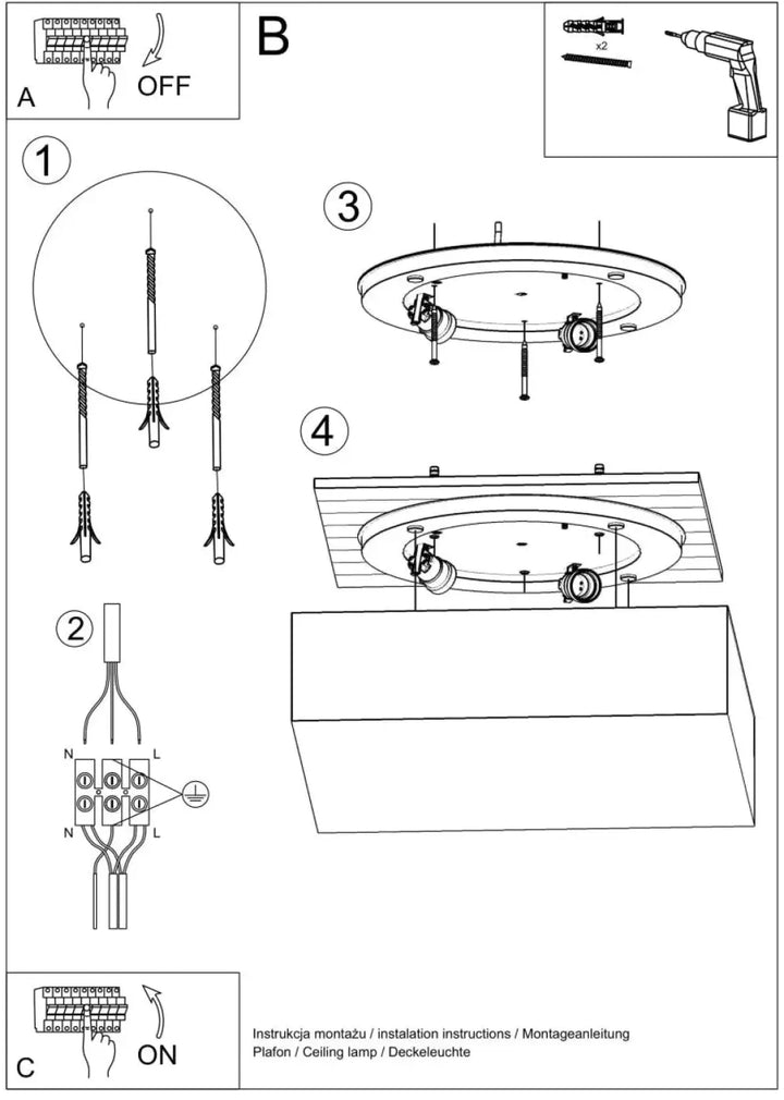 Diagramme d’installation d’un luminaire plafonnier horus 35 gris avec câblage et montage pour éclairage polyvalent