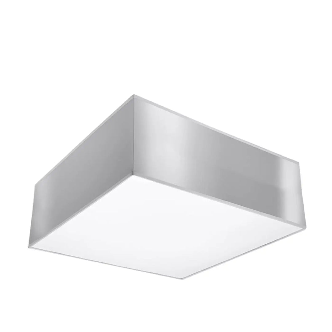 Plafonnier carré horus gris avec cadre métallique argenté et panneau en verre diffusant blanc pour éclairage polyvalent