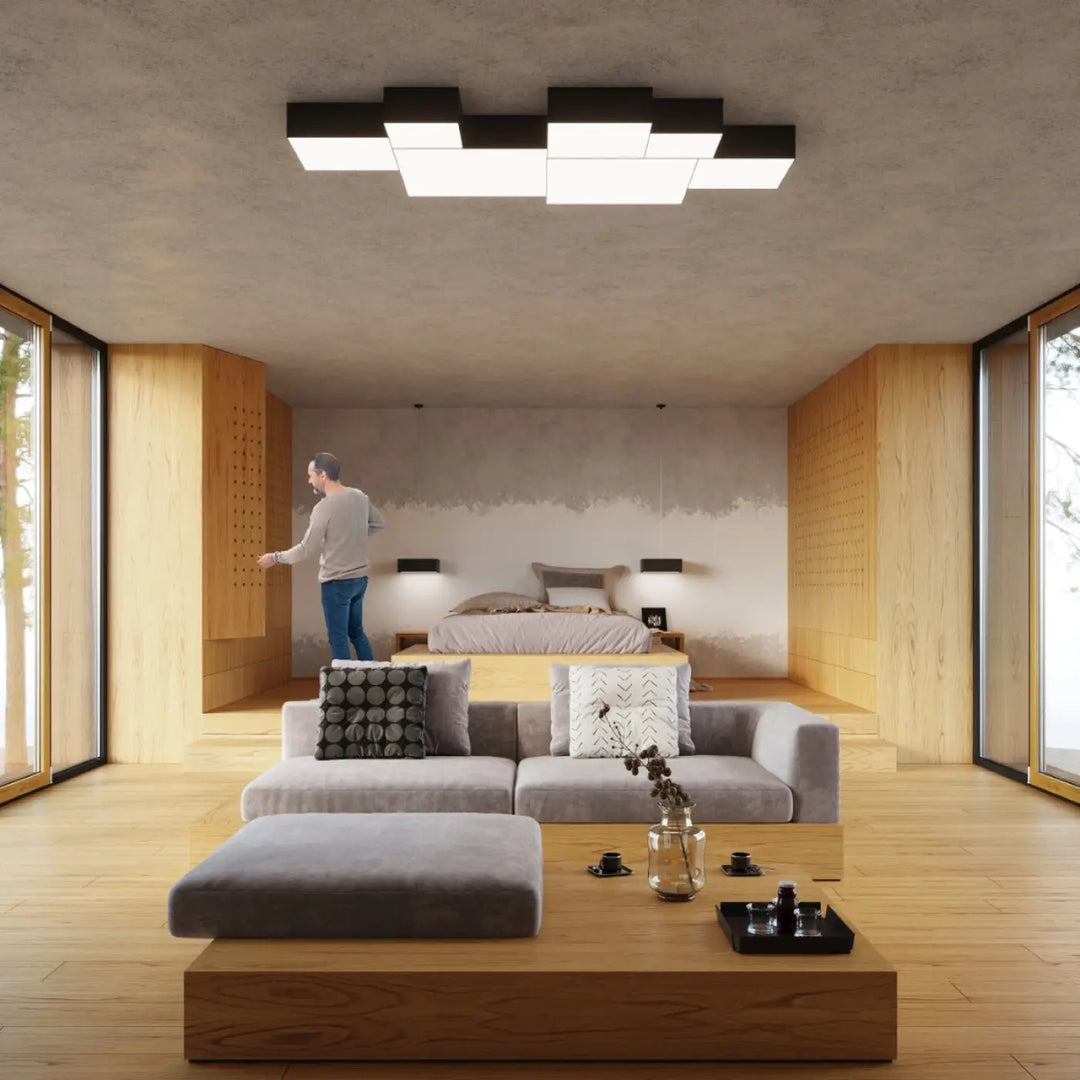 Luminaire plafonnier horus noir avec forme riche en géométrie moderne pour un éclairage polyvalent et plafonnier carré