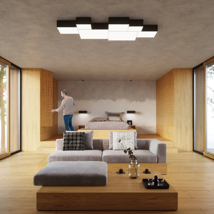 Plafonnier carré horus 45 noir avec forme riche en géométrie pour un éclairage polyvalent moderne