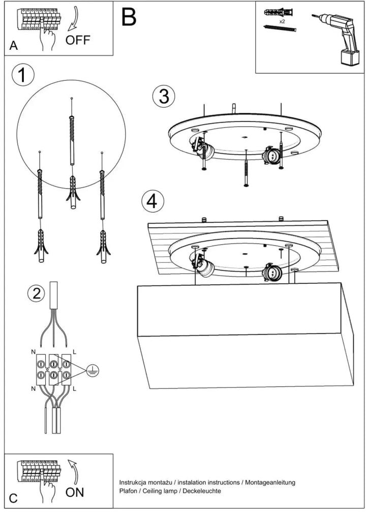 Diagramme dinstallation de plafonnier carré horus 45 noir montrant matériel de montage et câblage pour éclairage polyvalent à forme riche