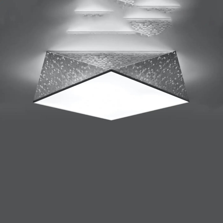 Plafonnier hexa design géométrique moderne en métal argenté texturé avec éclairage central carré blanc lumineux