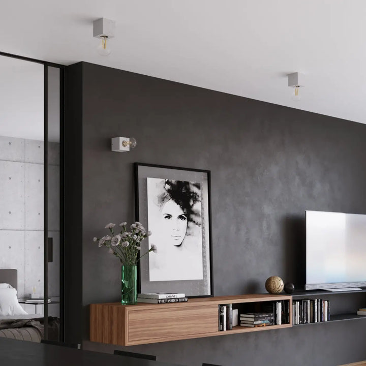 Luminaire plafonnier ariz en béton avec casings carrés blancs minimalistes et ampoules à filament pour style loft plafond ariz béton s’intégrera