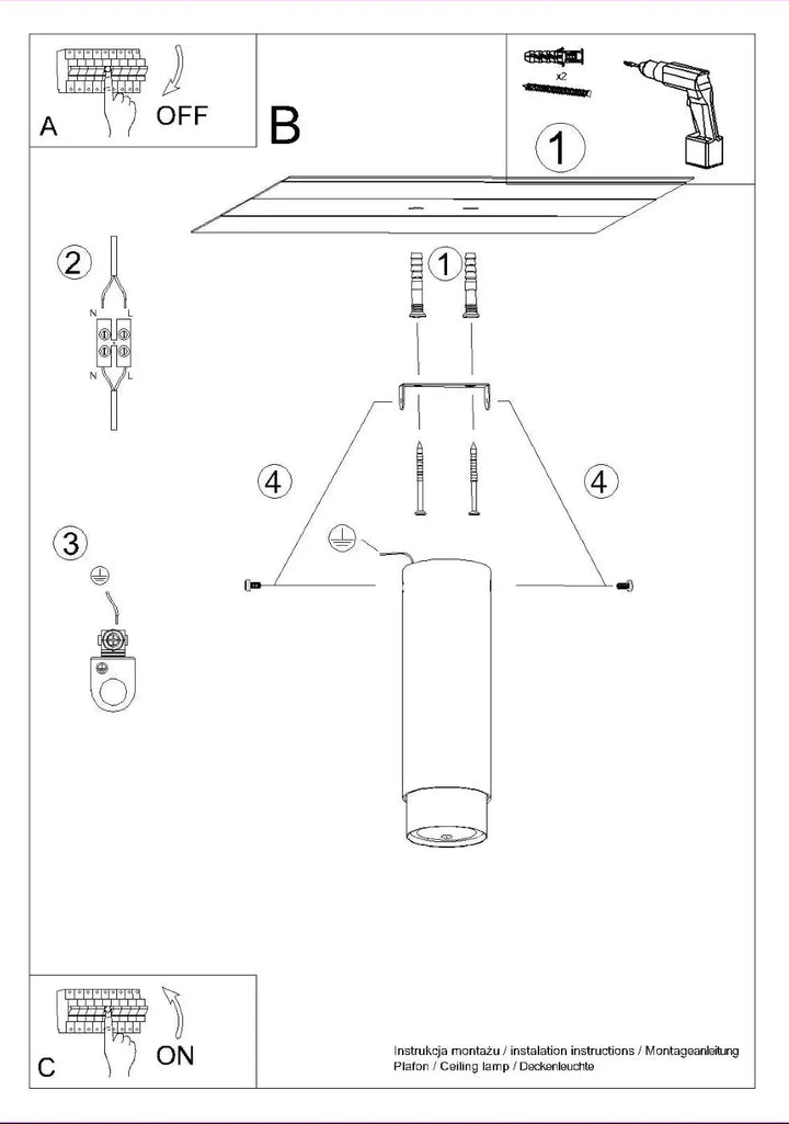 Plafonnier nero 22,5 design moderne avec corps cylindrique noir chrom et fixation métallique pour installation plafond