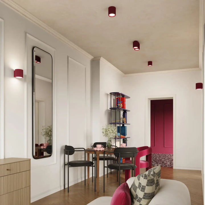 Luminaire plafonnier aura 1 bordeaux avec forme unique inspirée de design moderne en cylindre rouge encastré