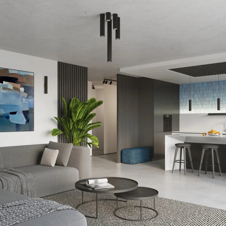 Plafonnier karbon allie design minimaliste avec ampoules gu10 interchangeables en noir cylindrique moderne