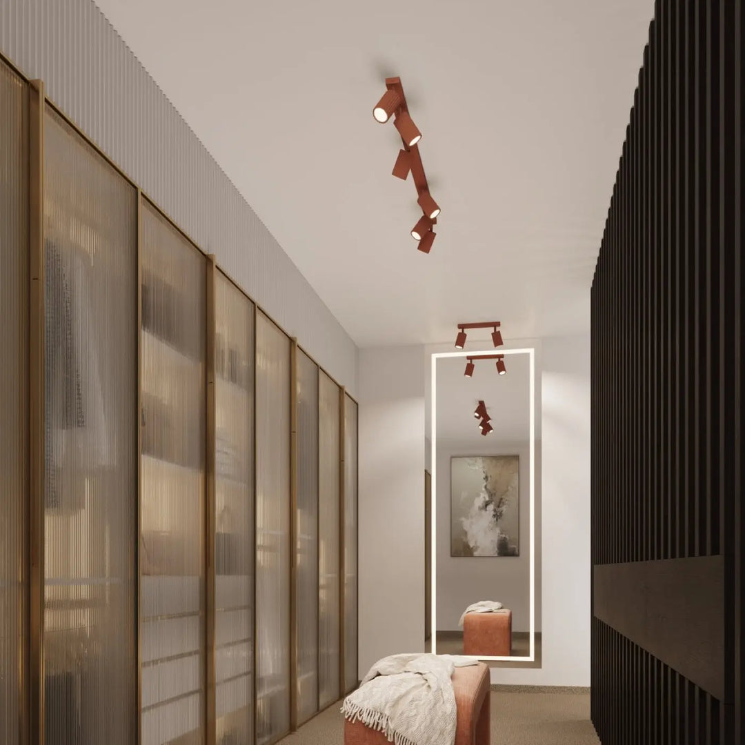 Luminaire plafonnier karbon allie spots ajustables cuivre rouges ocre avec ampoules gu10 interchangeables design minimaliste