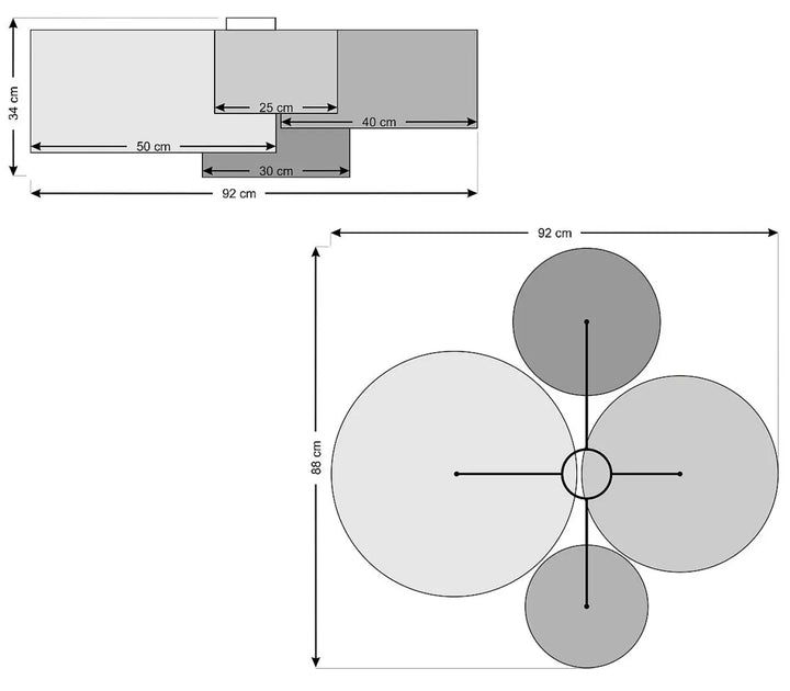 Plan de sol géométrique gris et blanc avec dimensions pour luminaire plafonnier 4flames boho élégant en couleurs naturelles