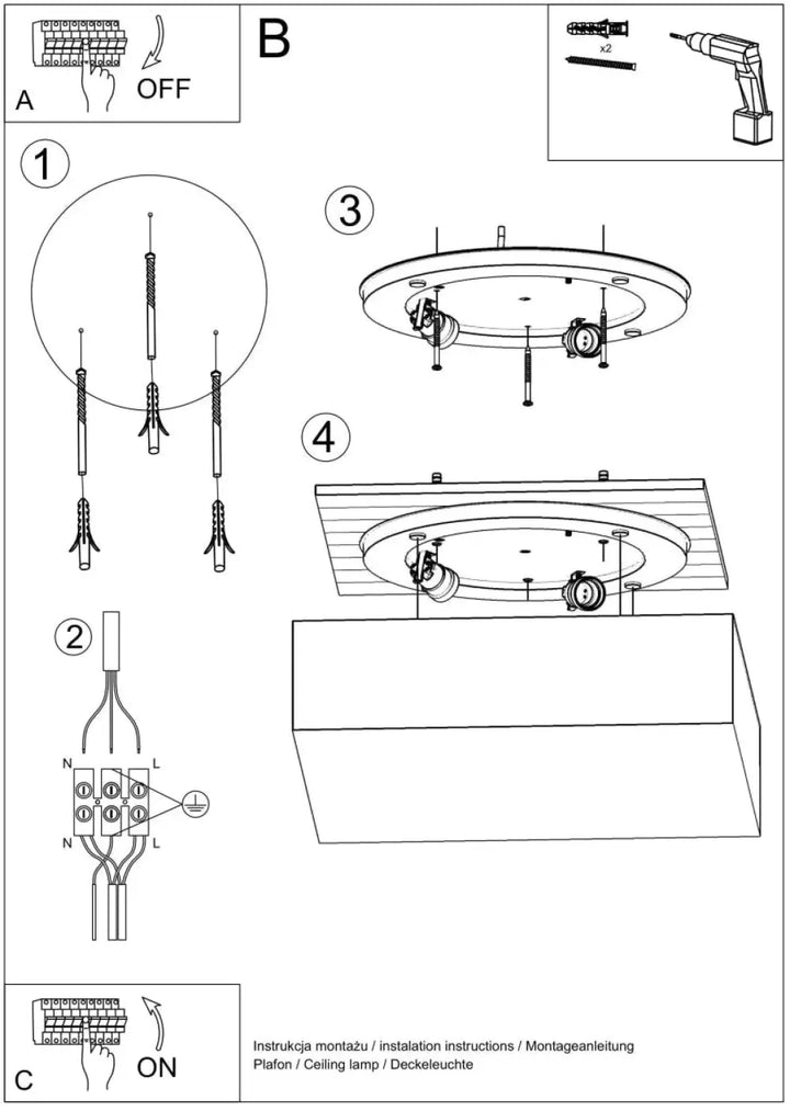 Diagramme dinstallation pour luminaire plafonnier horus 55 noir montrant fixation câblage et forme riche pour éclairage polyvalent
