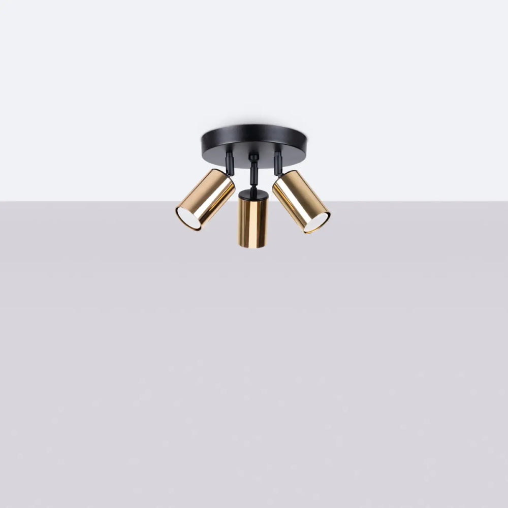 Luminaire plafonnier winx 3p noir avec base noire et trois têtes cylindriques dorées design moderne allie