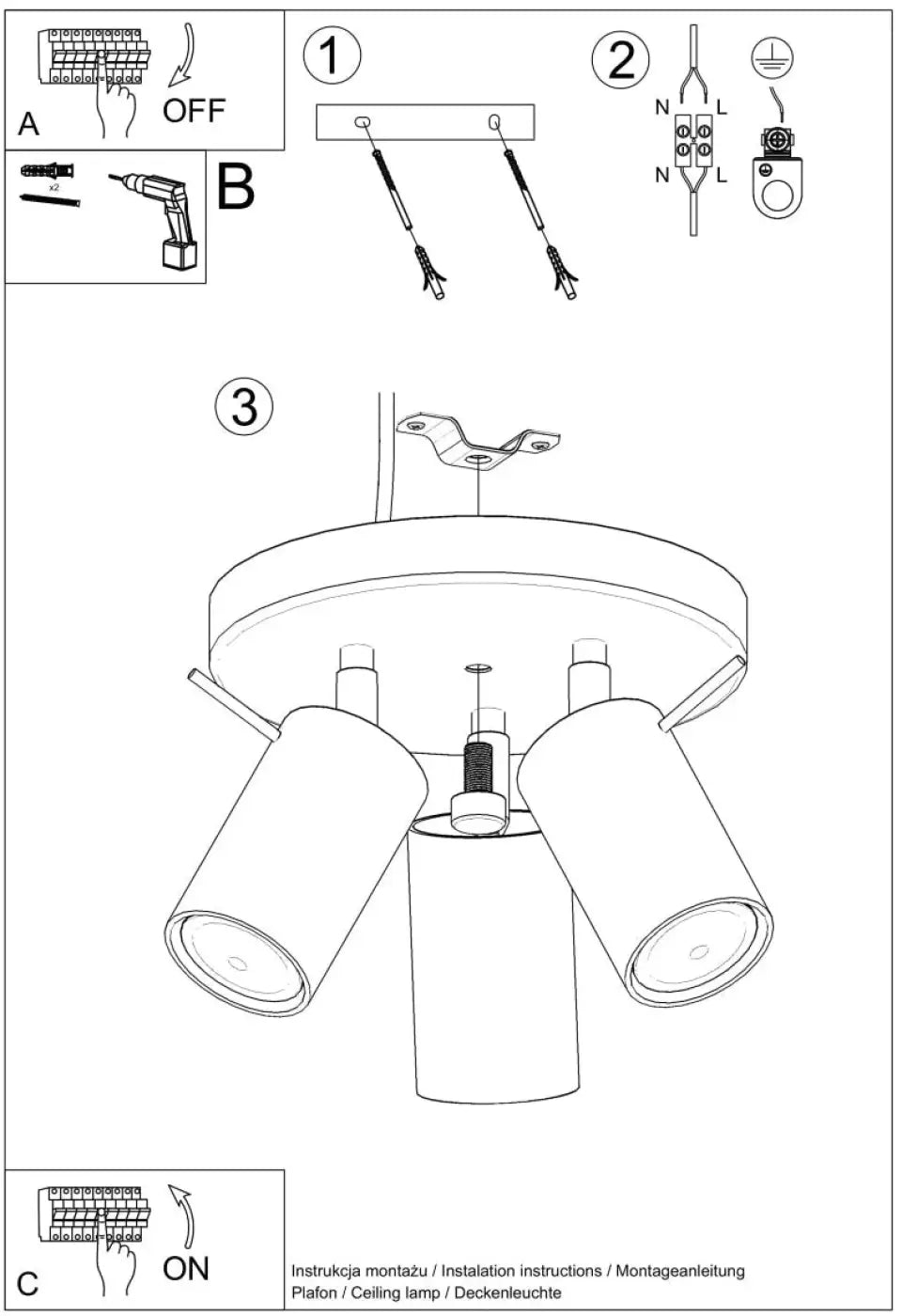 Luminaire plafonnier modern trois lumières avec abat-jours cylindriques blanc de la collection ring que vous pouvez installer facilement