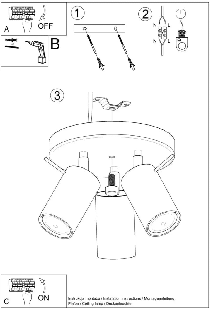 Luminaire plafonnier modern trois lumières avec abat-jours cylindriques blanc de la collection ring que vous pouvez installer facilement