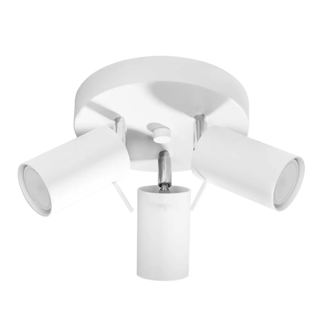 Luminaire plafonnier ring 3p blanc avec trois spots cylindriques en chrome poli que vous pouvez facilement installer