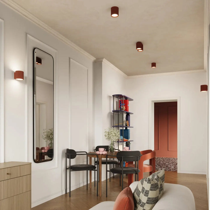 Luminaire plafonnier aura 2 rouge ochra avec forme unique inspirée et abat-jour cylindrique ton chaud moderne recessed lighting