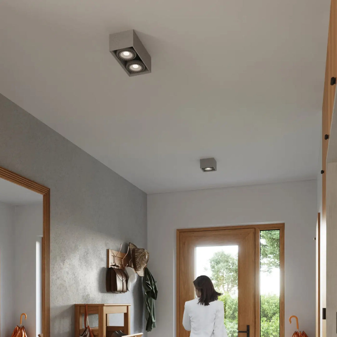 Luminaire plafonnier beton quatro moderne rectangulaire argent avec deux ampoules encastrées circulaires plafond quatro sentez mieux