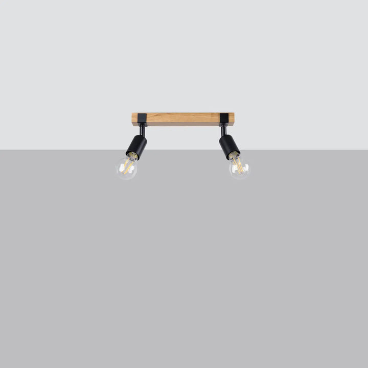 Luminaire plafonnier série zuca 2 noir avec barre en bois naturel, bras métalliques noirs et ampoules décoratives visibles