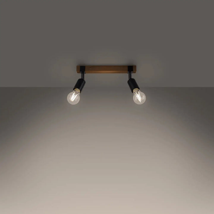 Luminaire plafonnier série zuca 2 noir avec barre en bois chaud et bras métal noir tenant ampoules décoratives visibles