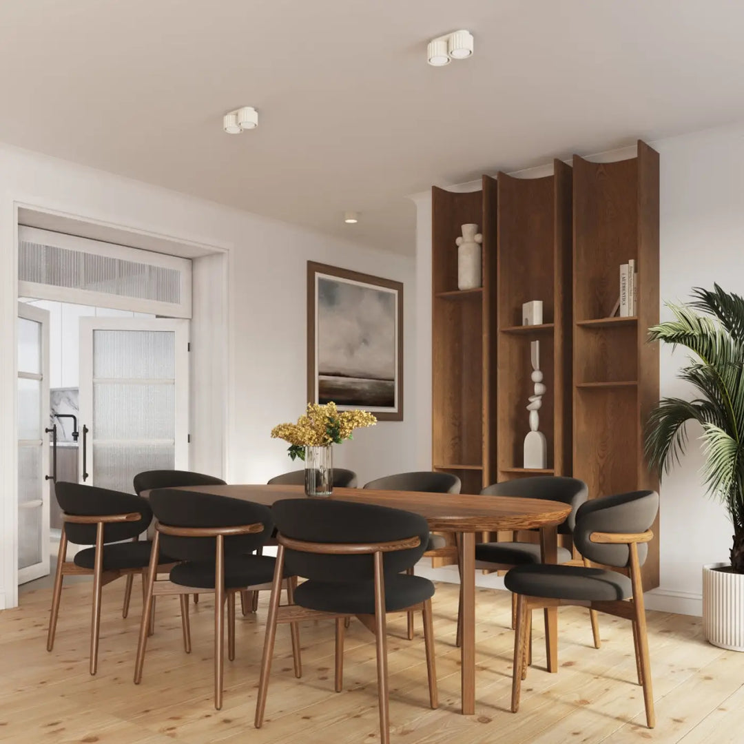 Luminaire plafonnier aura 2 beige avec forme unique inspirée en bois moderne finition claire table à manger
