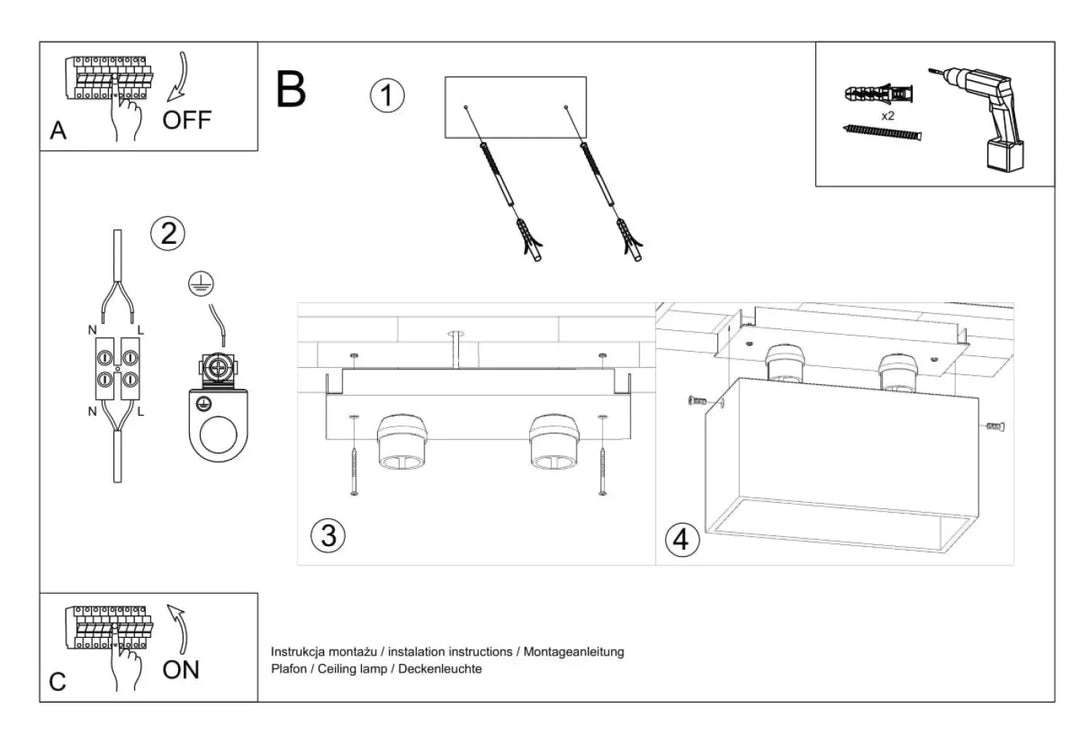 Diagramme technique dinstallation pour plafonnier quad maxi noir en bois naturel avec composants et connexions câblées étiquetés