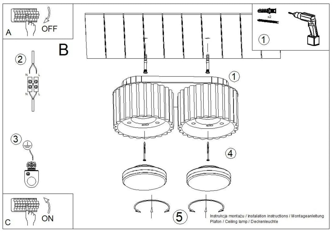 Diagramme dinstallation dun luminaire plafonnier aura 2 moka avec deux formes uniques inspirées et ferrures robustes