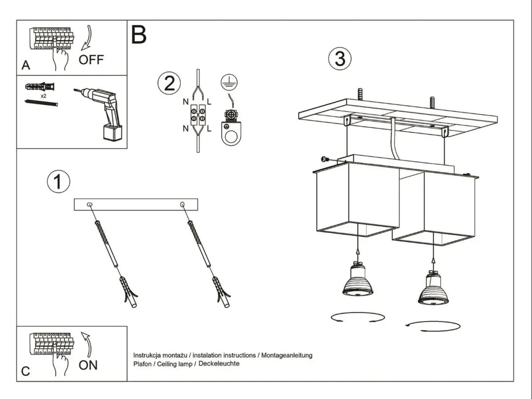 Dessin en noir et blanc d un plafonnier quad avec deux suspensions montées individuellement en bois naturel noir