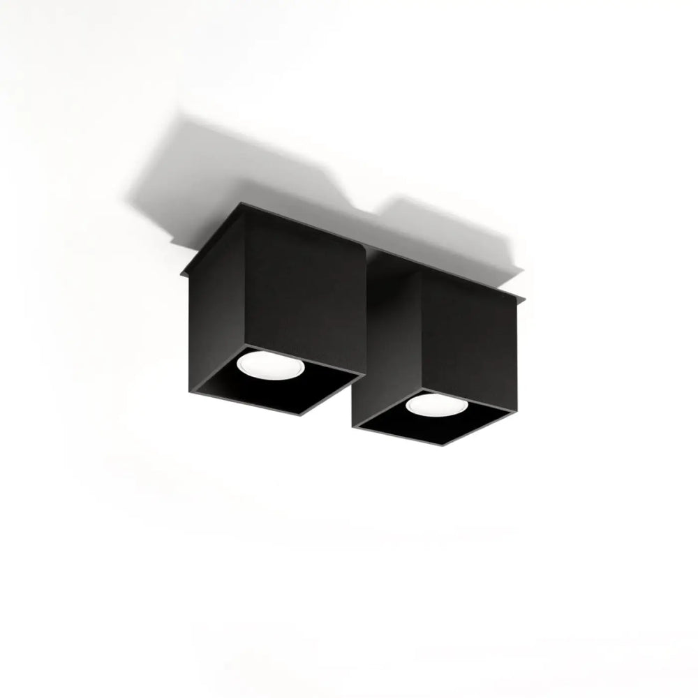 Luminaire plafonnier quad 2 noir avec deux ampoules led blanches montées individuellement sur cadre en bois naturel