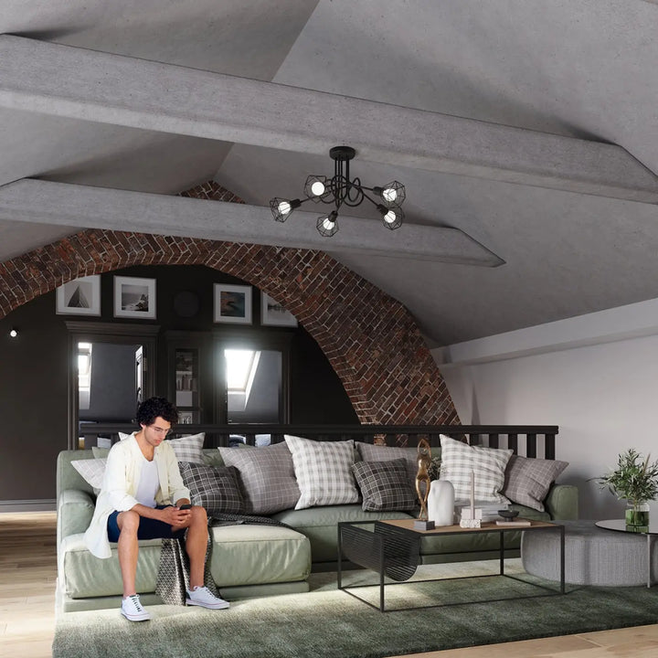 Luminaire plafonnier série artemis noir en fer forgé avec multiples ampoules apparentes créant une atmosphère intime