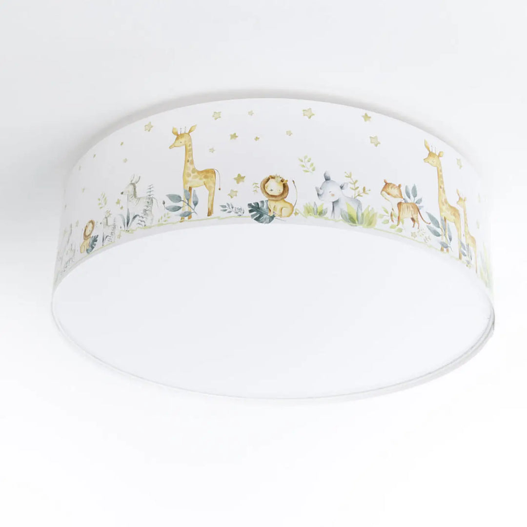 Plafonnier enfant blanc luminaire plafonnier avec motif safari doré et vert de girafes lions et éléphants doux
