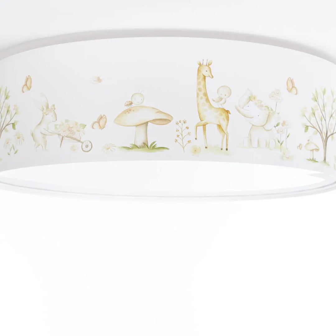 Luminaire plafonnier blanc avec illustration safari en tons beige vert crème pour plafonnier enfant blanc