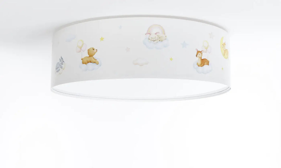 Luminaire plafonnier enfant blanc avec illustrations pastel d animaux des bois et étoiles pour chambre douce