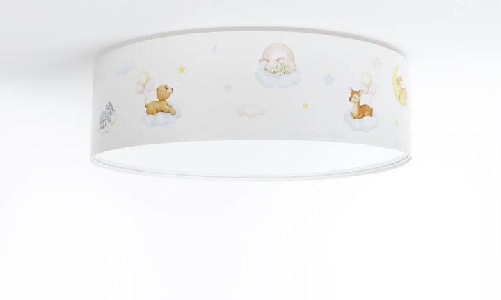 Luminaire plafonnier enfant blanc avec illustrations pastel d animaux des bois et étoiles pour chambre douce