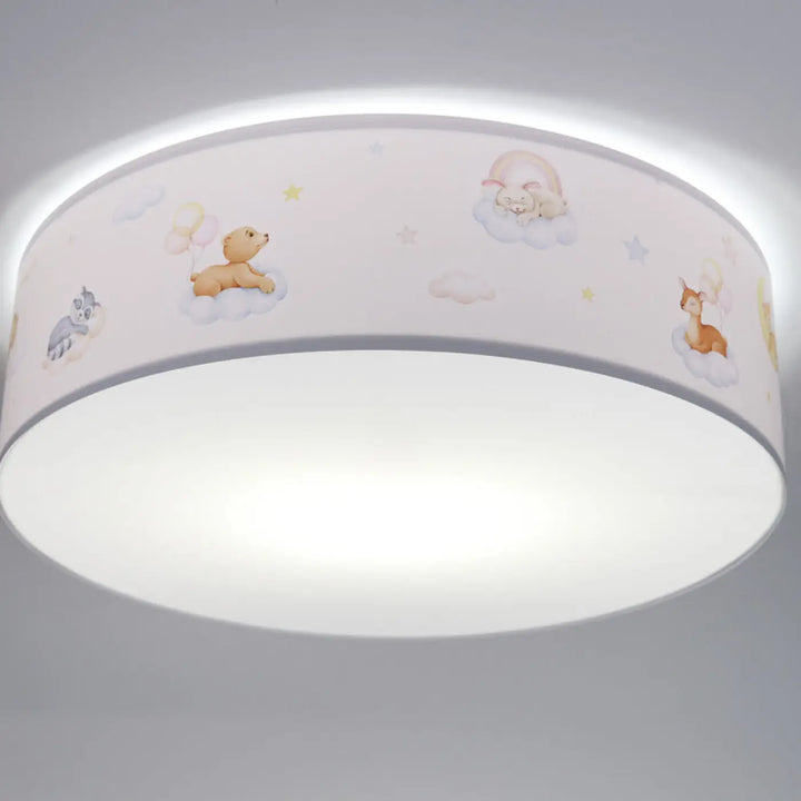 Plafonnier enfant blanc sweet dreams avec diffuseur blanc doux et illustrations pastel d’animaux cartoon