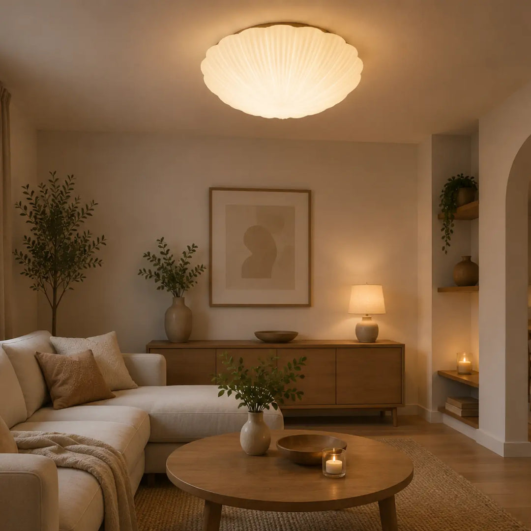 Luminaire plafonnier concha en forme de coquillage avec diffuseur en verre dépoli pour un éclairage chaleureux et design