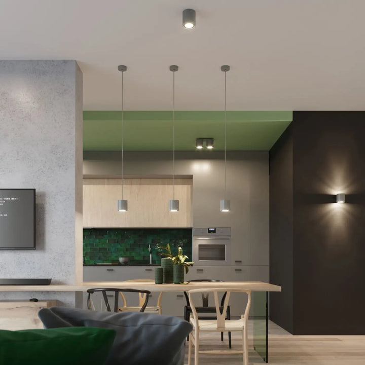 Luminaire plafonnier orbis 1 gris avec suspensions minimalistes en bois naturel et fils métalliques fins