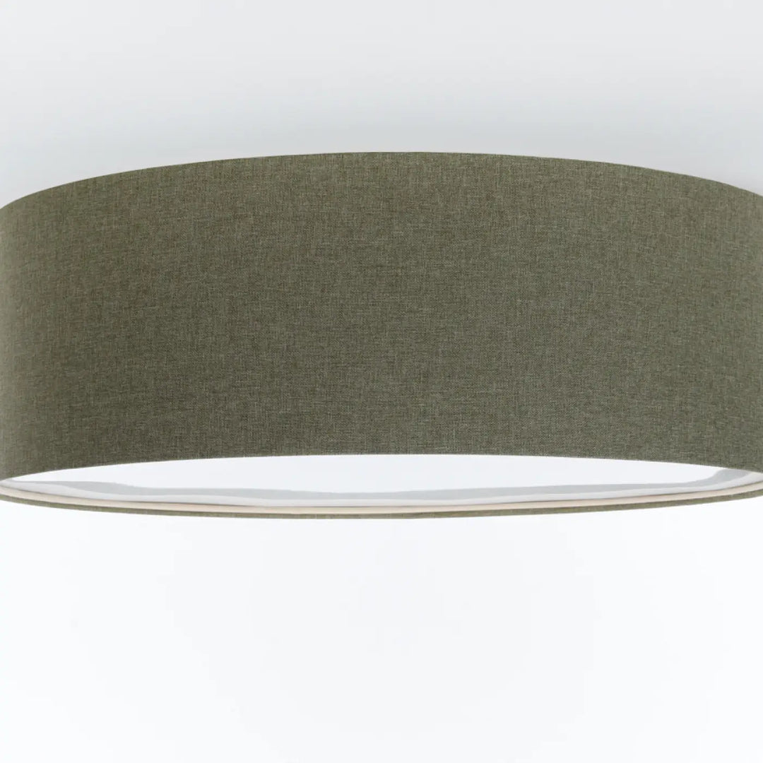 Luminaire plafonnier boho elegant with olive green textured fabric drum lampshade and white inner lining